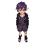 male character, red right eye and blue left eye, purple gradient hair, elf ears, purple blouse, gray shorts with purple details on the seam lines, dark gray coat with yellow detail