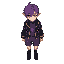 male character, red right eye (#ff0000) and blue left eye (#00ffff); purple gradient hair, elf ears, purple blouse, gray shorts with purple details on the seam lines, dark gray coat with yellow detail