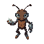 create an insect-like character inspired by a louse, half-cyborg, wearing a metallic gauntlet on one arm that emits energy from its tip. the character should have a brownish or grayish body tone, no shield, and natural or bluish eyes. pixel. 