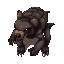 create a wild bear mixed with insect traits. muscular, menacing, with a segmented carapace, strong clawed legs, and dark eyes. native to a hostile microscopic world. use earthy tones and organic features. pixel.
