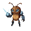 create an insect-like character inspired by a louse, half-cyborg, wearing a metallic gauntlet on one arm that emits energy from its tip. the character should have a brownish or grayish body tone, no shield, and natural or bluish eyes. pixel. 