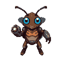 create an insect-like character inspired by a louse, half-cyborg, wearing a metallic gauntlet on one arm that emits energy from its tip. the character should have a brownish or grayish body tone, no shield, and natural or bluish eyes. pixel. 