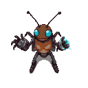 create an insect-like character inspired by a louse, half-cyborg, wearing a metallic gauntlet on one arm that emits energy from its tip. the character should have a brownish or grayish body tone, no shield, and natural or bluish eyes. pixel. 