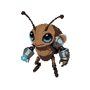 create an insect-like character inspired by a louse, half-cyborg, wearing a metallic gauntlet on one arm that emits energy from its tip. the character should have a brownish or grayish body tone, no shield, and natural or bluish eyes. pixel, all 8 movemen