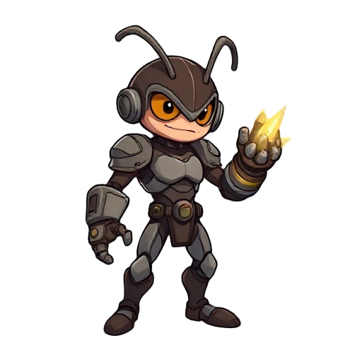 create a character who is a lice, half-cyborg, wearing a metal gauntlet that emits energy from the tip, with brown or grayish tones.