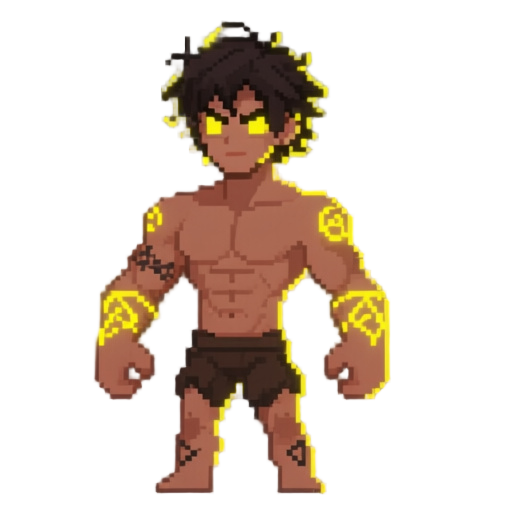 a pixel art sprite sheet of a muscular young male rpg character, tan skin. he has messy dark hair with glowing yellow highlights, and solid glowing yellow eyes. he has glowing yellow magical rune tattoos on his forearms, thighs, and calves. bare-chested, 