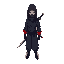 create a 2d pixel sprite of ninja in darkred-black colours, standing with a sword in sheath. white background. minimalistic style(like in mobile game soul knight)