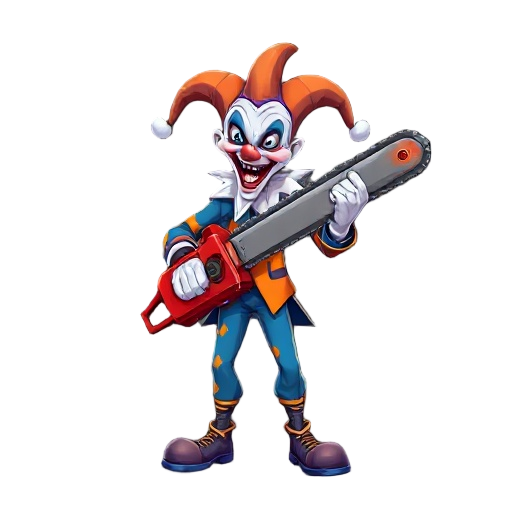 a crazy white jester with blue and orange clothes holding a red chainsaw