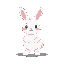 pixel art-style bunny with a soft pastel color palette. the bunny has a round, chibi-like body, small arms, and short legs. its fur is primarily white with pink accents on the ears, cheeks, and tail. 