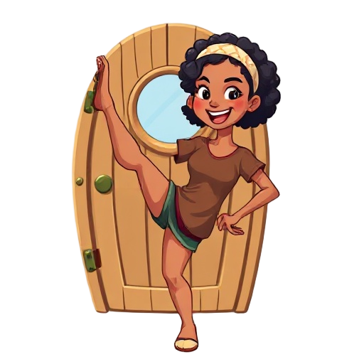 a cheerful young woman in a dynamic pose, with one leg lifted high against a wooden ship door with a circular window. she has short, curly black hair and wears a light patterned headband. her skin tone is light brown. she is smiling brightly and has a fun