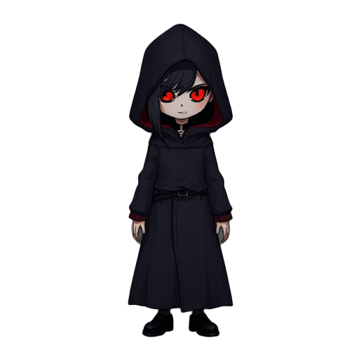 this character appears mysterious and eerie. she are dressed in a long, dark hooded cloak with subtle red linings that add a sinister touch. their face is completely shadowed, revealing no features except for two glowing red eyes that pierce through the d