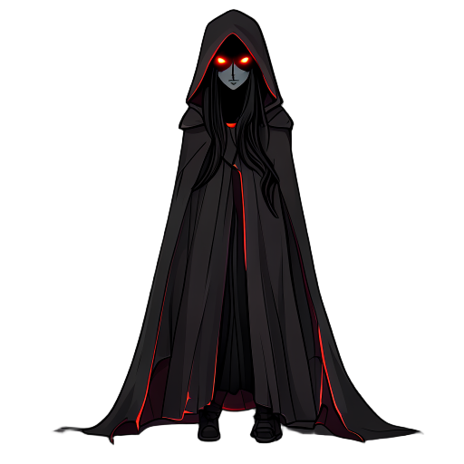 this character appears mysterious and eerie. she are dressed in a long, dark hooded cloak with subtle red linings that add a sinister touch. their face is completely shadowed, revealing no features except for two glowing red eyes that pierce through the d