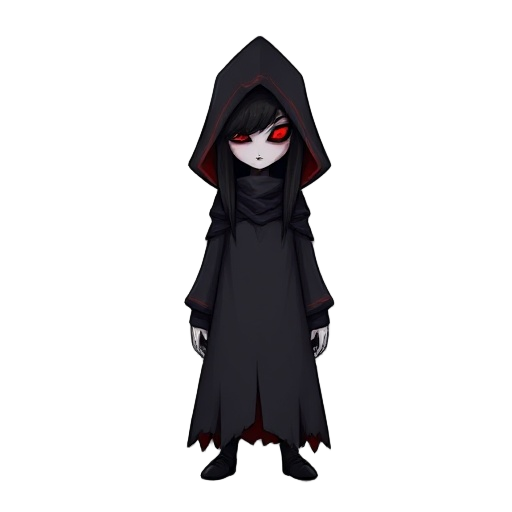 this character appears mysterious and eerie. she are dressed in a long, dark hooded cloak with subtle red linings that add a sinister touch. their face is completely shadowed, revealing no features except for two glowing red eyes that pierce through the d