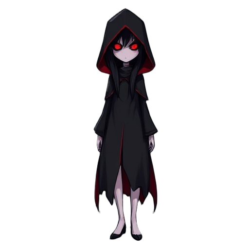 a mysterious female figure wearing a long, black hooded cloak with red linings. their face is completely hidden in shadow, showing only two glowing red eyes. long black hair falls from beneath the hood. the figure is slender, standing upright with an eeri