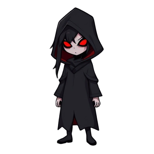 this character appears mysterious and eerie. she are dressed in a long, dark hooded cloak with subtle red linings that add a sinister touch. their face is completely shadowed, revealing no features except for two glowing red eyes that pierce through the d
