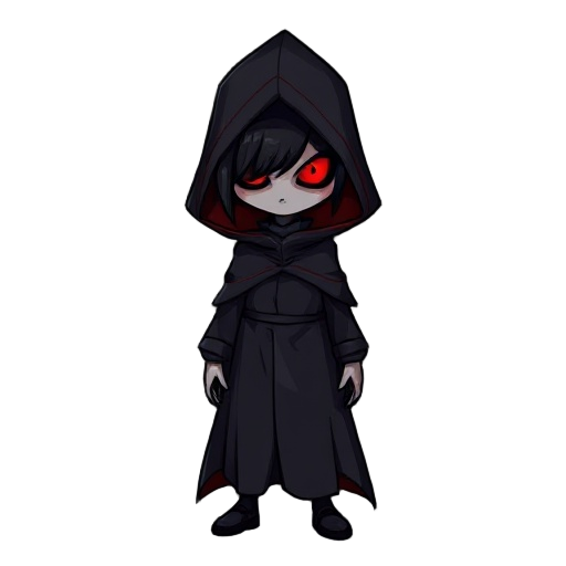 this character appears mysterious and eerie. she are dressed in a long, dark hooded cloak with subtle red linings that add a sinister touch. their face is completely shadowed, revealing no features except for two glowing red eyes that pierce through the d
