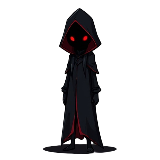 a mysterious humanoid figure wearing a long, black hooded cloak with red linings. their face is completely hidden in shadow, showing only two glowing red eyes. long black hair falls from beneath the hood. the figure is slender, standing upright with an ee