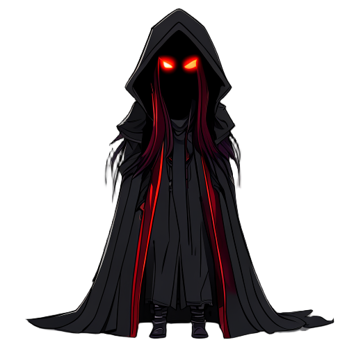 this character appears mysterious and eerie. she are dressed in a long, dark hooded cloak with subtle red linings that add a sinister touch. their face is completely shadowed, revealing no features except for two glowing red eyes that pierce through the d