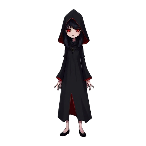 a mysterious female figure in a long black hooded cloak with red linings. her face is hidden in shadow, showing only glowing red eyes. long black hair escapes the hood. dark, eerie, ghostly presence, ominous atmosphere.