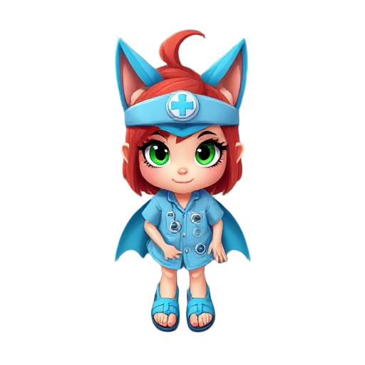 una niña pelona peliroja y de ojos verdes con una bata azul medica y sandalias medicas azules para juego topdown