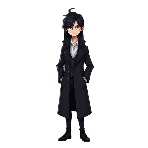 noir detective in a black coat with long black hair and a white shirt 
