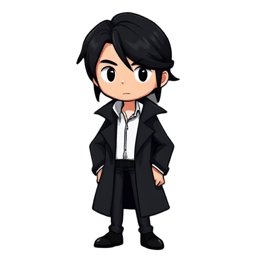 noir detective in a black coat with long black hair and a white shirt 