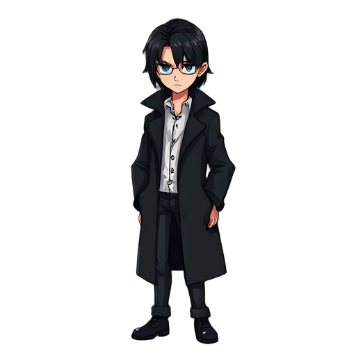 noir detective in a black coat with long black hair and a white shirt 
