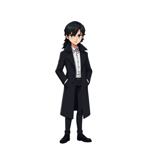 noir detective in a black coat with long black hair and a white shirt man