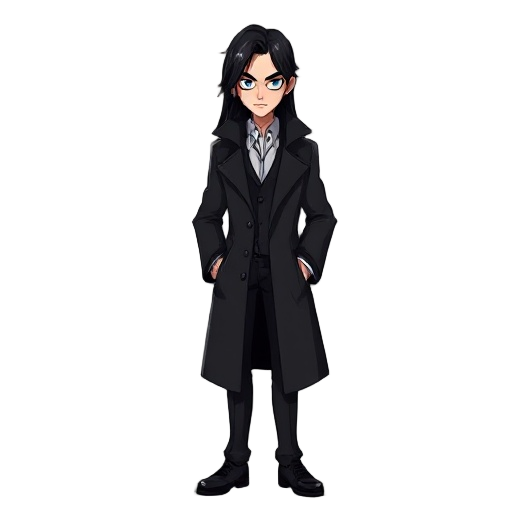 noir detective in a black coat with long black hair and a white shirt 