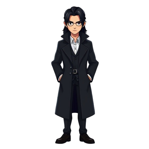 noir detective in a black coat with long black hair and a white shirt 