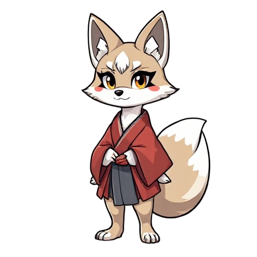 uma kitsune de 9 caudas com uma mascara e um kimono, com estilo do jogo celewte