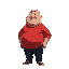 a fat bald and kinda funny guy wearing an red shirt and dark blue pants.