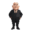 an shorty fat and bald man wearing a black suit cartoon proportions.