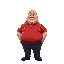 a fat bald and kinda funny guy wearing an red shirt and dark blue pants.