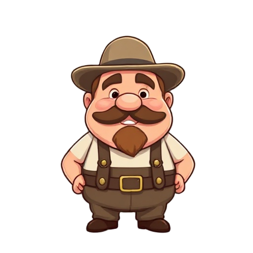 create a farmer, chubby in 16 bits, he has a mustache and a beard