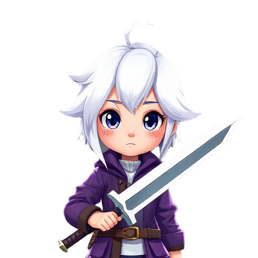 a white hair girl , dots, wearing purple jacket, holding a big sword