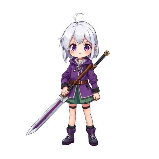 a white hair girl , dots, wearing purple jacket, holding a big sword