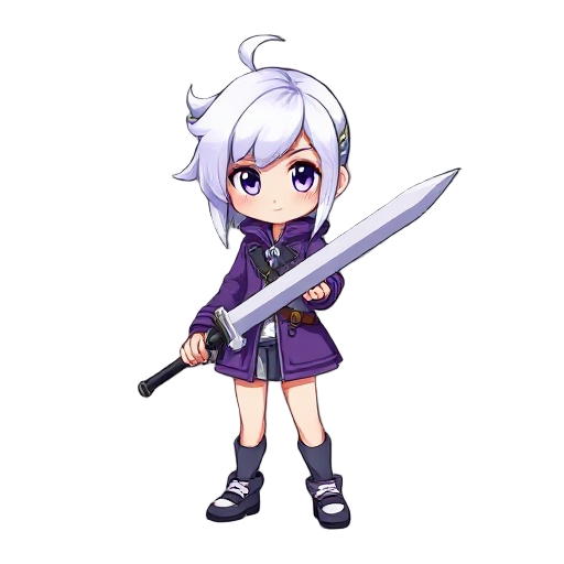 a white hair girl, the hair is gradation with light purple and white, wearing purple jacket, holding a big sword, dot style