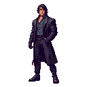 male character, muscular build, shoulder-length black hair, dark leather coat, gloves, shoes, pale skin