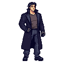 male character, muscular build, shoulder-length black hair, dark leather coat, gloves, shoes, pale skin