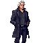 male character, muscular build, shoulder-length hair, dark leather coat, gloves, shoes, pale skin