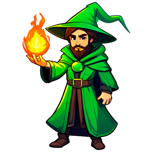 mage in green cloathes and green pointy hat with brown hair and no beard holding a fireball on a palm of his hand
