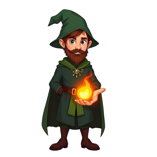 mage in dark green cloathes and green pointy hat with brown hair and no beard holding a fireball on a palm of his hand