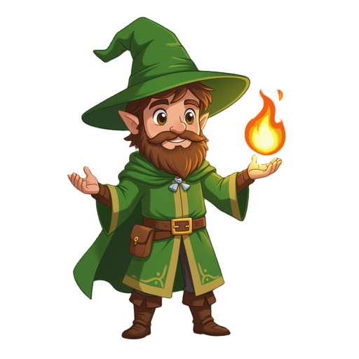 mage in green cloathes and green pointy hat with brown hair and no beard holding a fireball on a palm of his hand