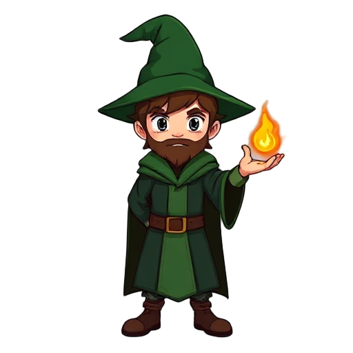 mage in dark green cloathes and green pointy hat with brown hair and no beard holding a fireball on a palm of his hand