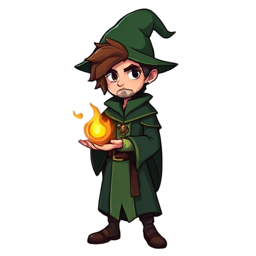 mage in dark green cloathes and green pointy hat with brown hair and no beard holding a fireball on a palm of his hand eyes covered by hair