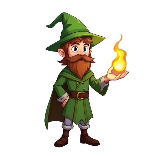 mage in green cloathes and green pointy hat with brown hair and no beard holding a fireball on a palm of his hand