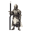  piexel art templar-style knight, with a full body armor in the form of spikes, silver with worn gold and a very worn and torn white cape, who is holding in his left hand a large long dark black sword