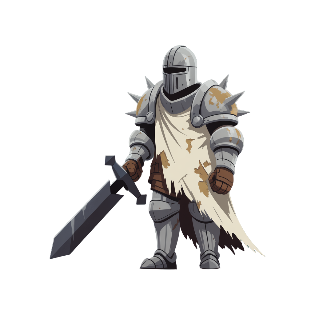 templar-style knight, with a full body armor in the form of spikes, silver with worn gold and a very worn and torn white cape, who is holding in his left hand a large long dark black sword like that o
