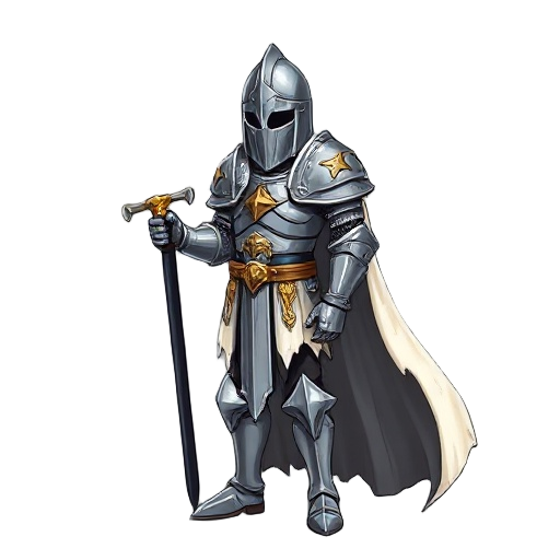 templar-style knight, with a full body armor in the form of spikes, silver with worn gold and a very worn and torn white cape, who is holding in his left hand a large long dark black sword like that o